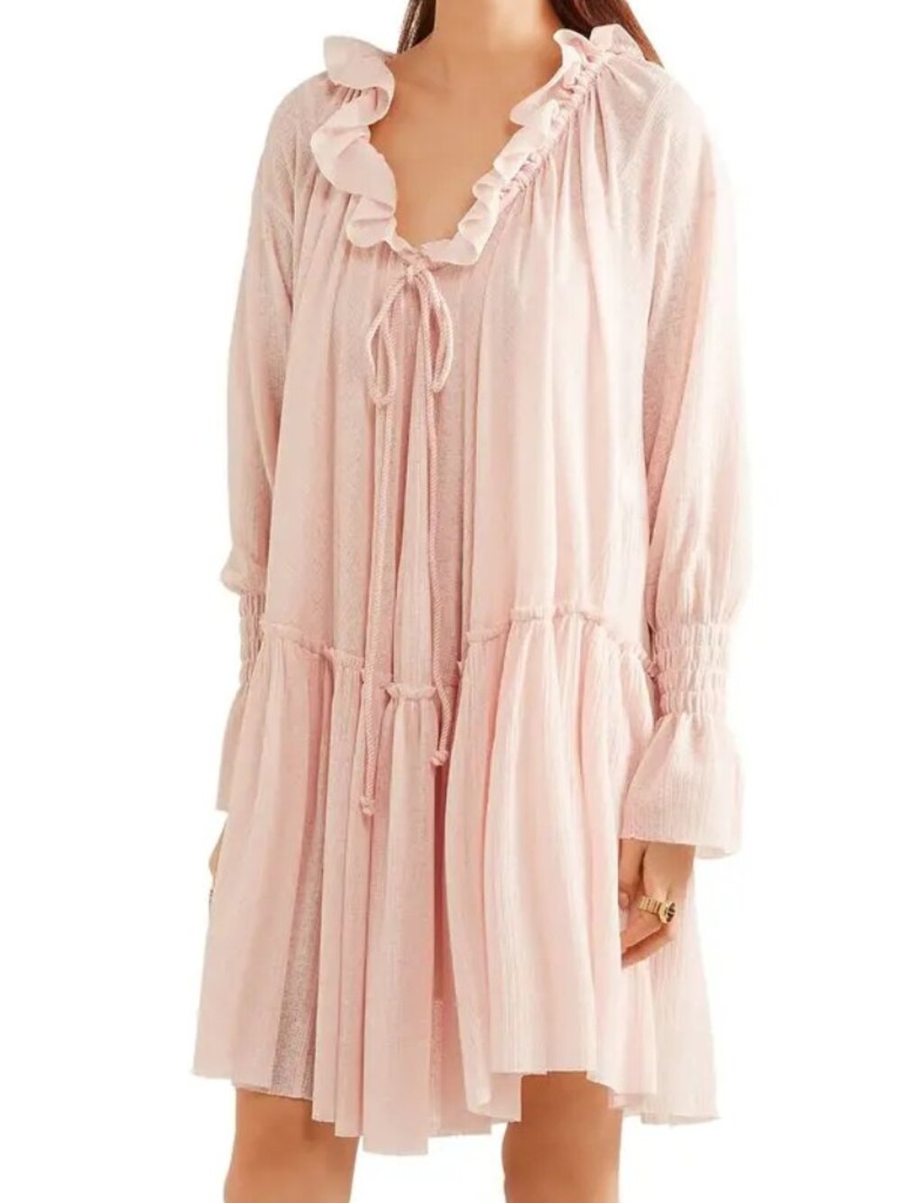 See by Chloe SS17 "Silver Pink" Bow-Detailed Ruffled Gauze Mini Dress